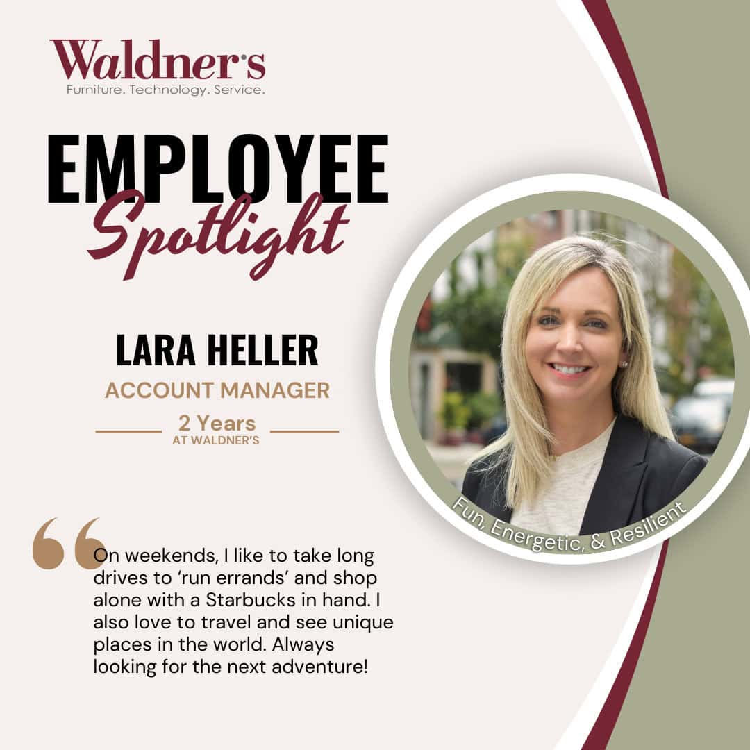 Lara Heller, account manager at Waldner's, with 2 years of experience, known for being energetic and resilient.